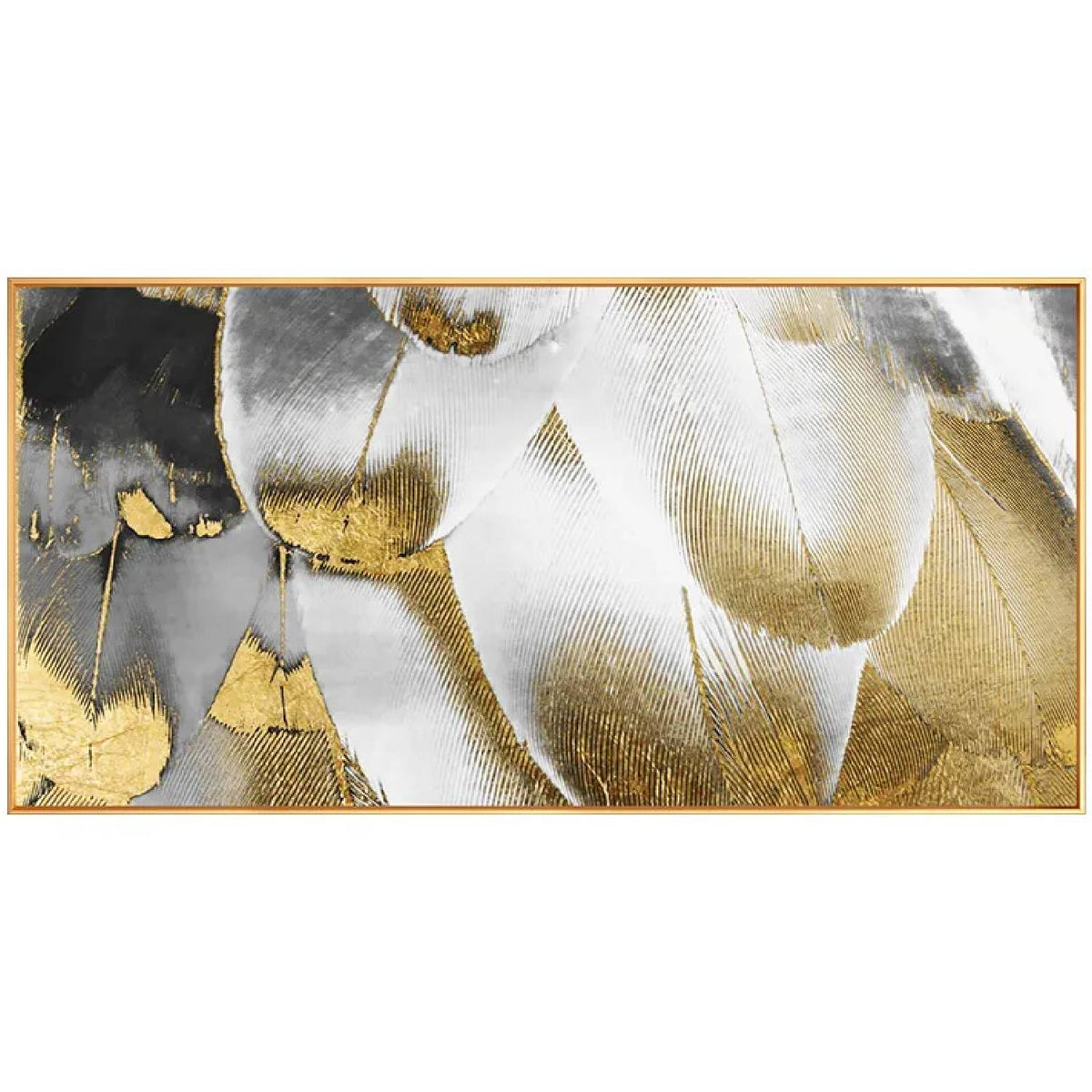 Overlapping feather-like white, grey and gold-coloured curved forms with fine hair-like texture on a pale ground.