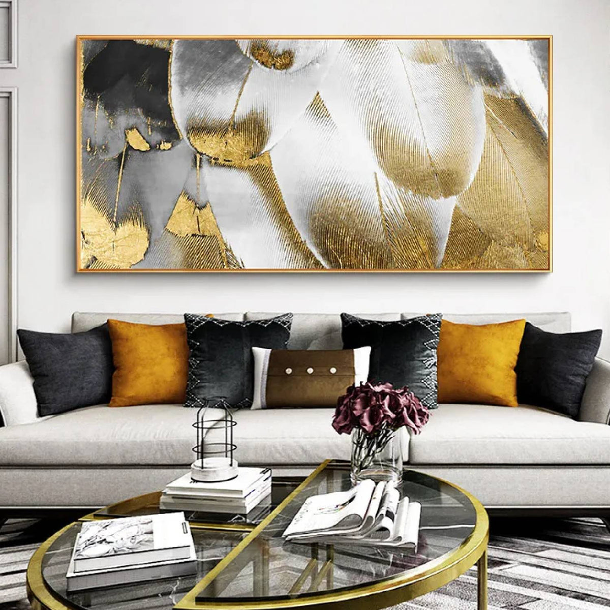Room mockup. Overlapping feather-like white, grey and gold-coloured curved forms with fine hair-like texture on a pale ground.