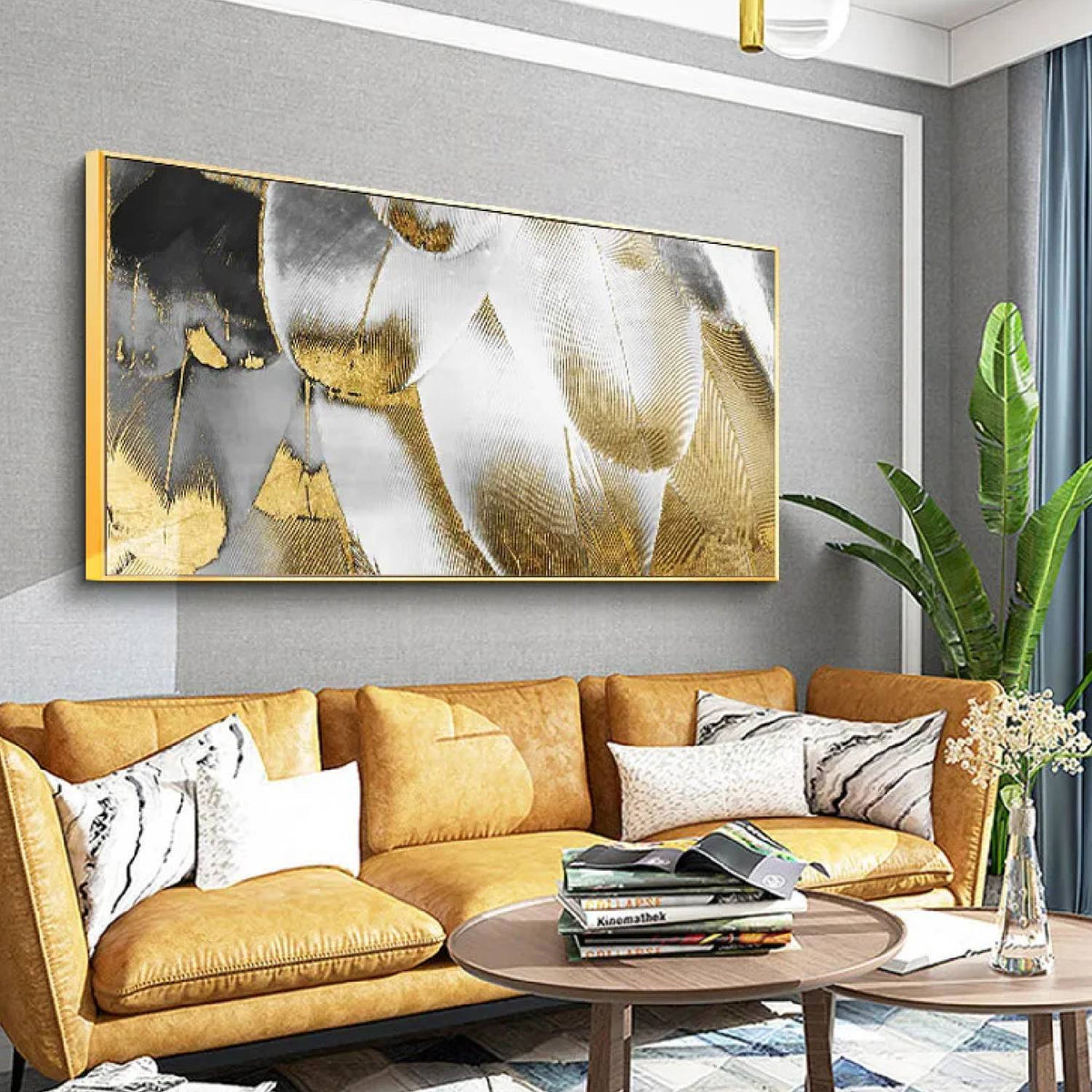 Room mockup. Overlapping feather-like white, grey and gold-coloured curved forms with fine hair-like texture on a pale ground.