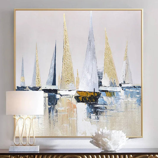 Room mockup. Tall white, grey and gold-coloured textured sails above small dark hulls and pale grey reflections.