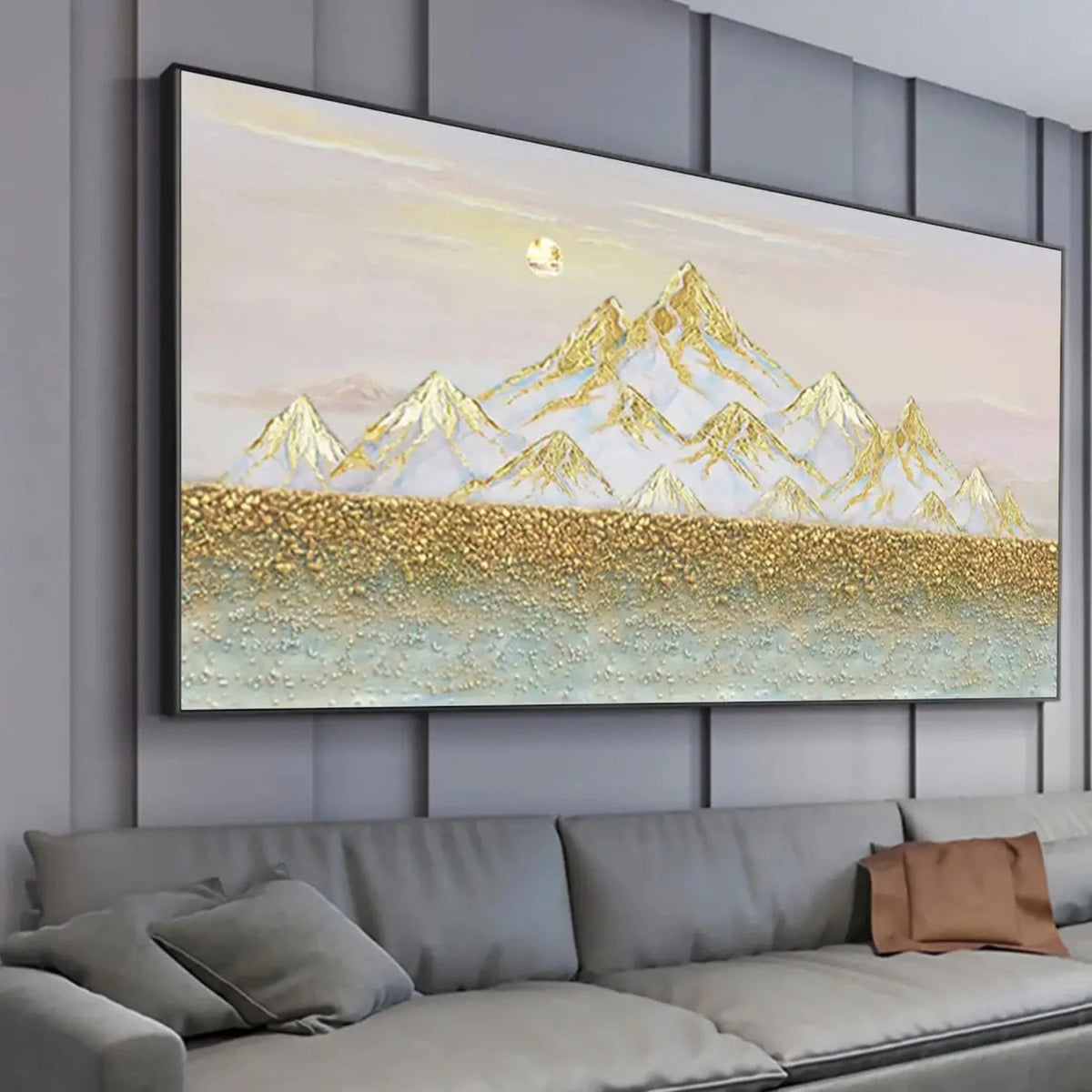 Room mockup showing white mountains edged with gold-coloured lines above a dense gold-coloured band and pale blue-grey foreground.