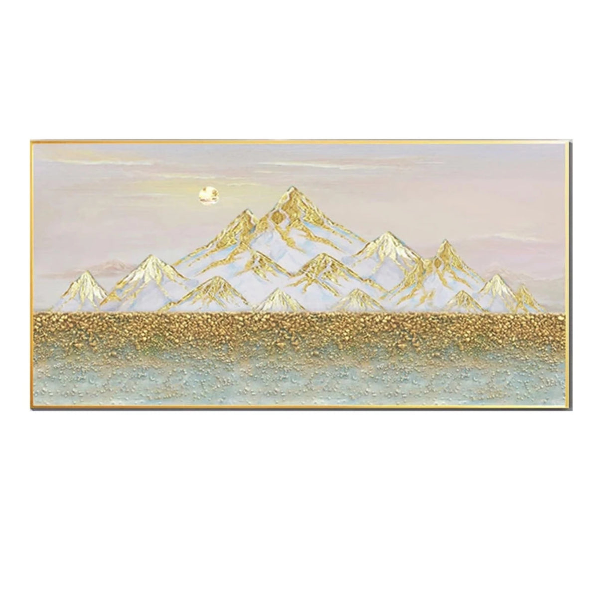 White mountains edged with gold-coloured lines above a dense gold-coloured band and pale blue-grey foreground.