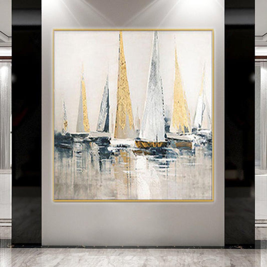 Room mockup. Tall white, grey and gold-coloured sails above dark hulls and pale grey reflections.