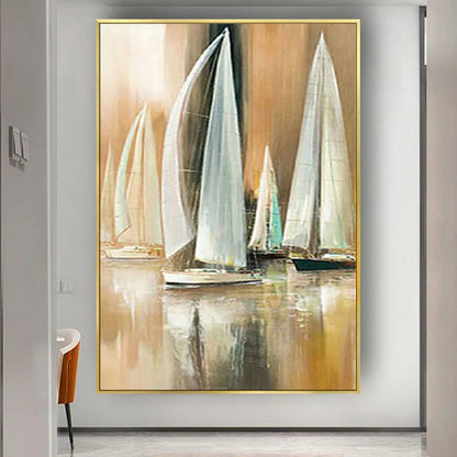 Room mockup. Tall pale white and green-grey sails reflected on calm water beneath a warm cream and ochre sky.