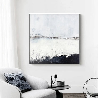 Room mockup. A pale white and grey field with a fine broken horizon and a rough dark charcoal band rising along the bottom.