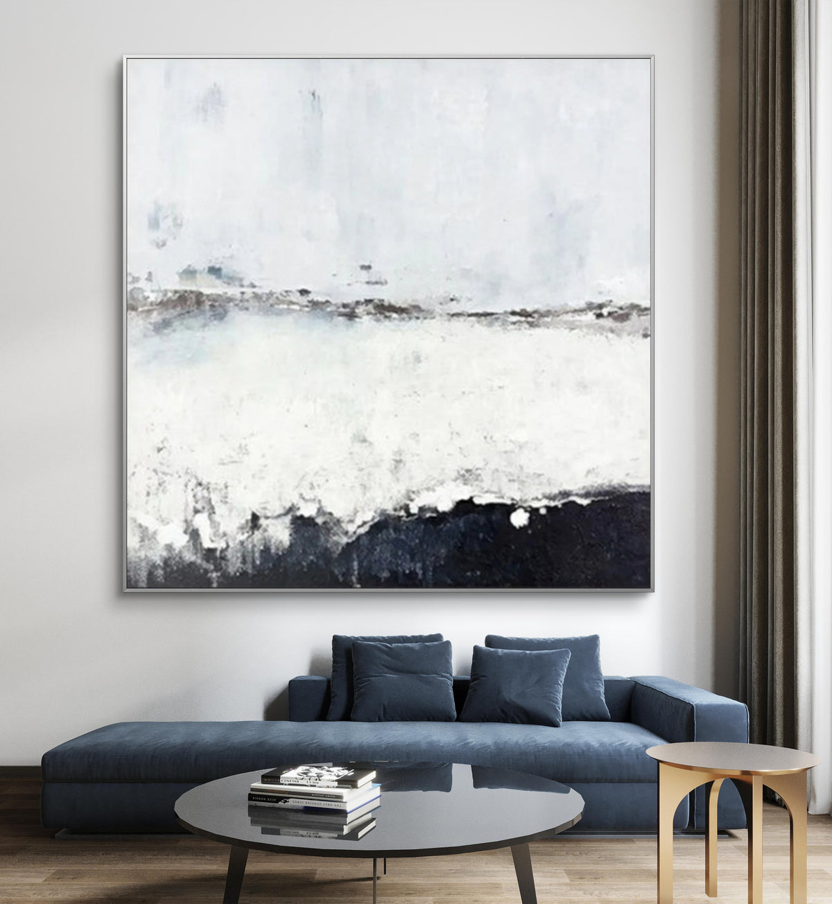 Room mockup. A pale white and grey field with a fine broken horizon and a rough dark charcoal band rising along the bottom.