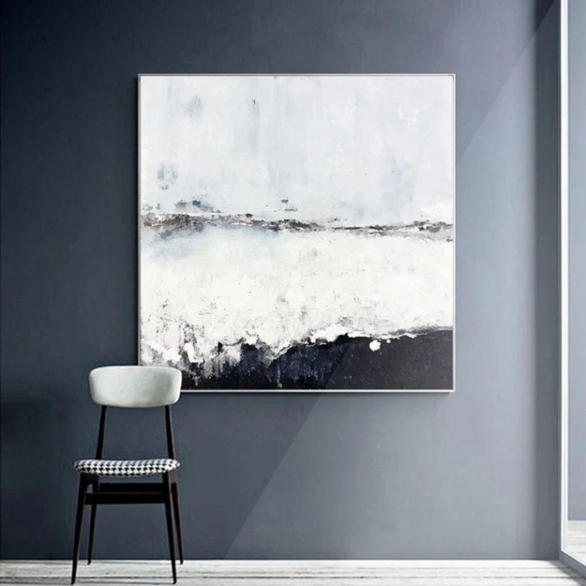 Room mockup. A pale white and grey field with a fine broken horizon and a rough dark charcoal band rising along the bottom.