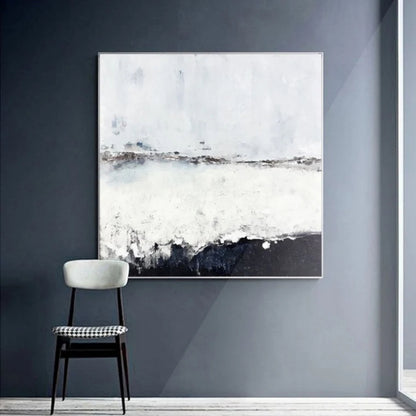Room mockup. A pale white and grey field with a fine broken horizon and a rough dark charcoal band rising along the bottom.