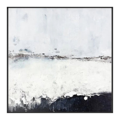 A pale white and grey field with a fine broken horizon and a rough dark charcoal band rising along the bottom.