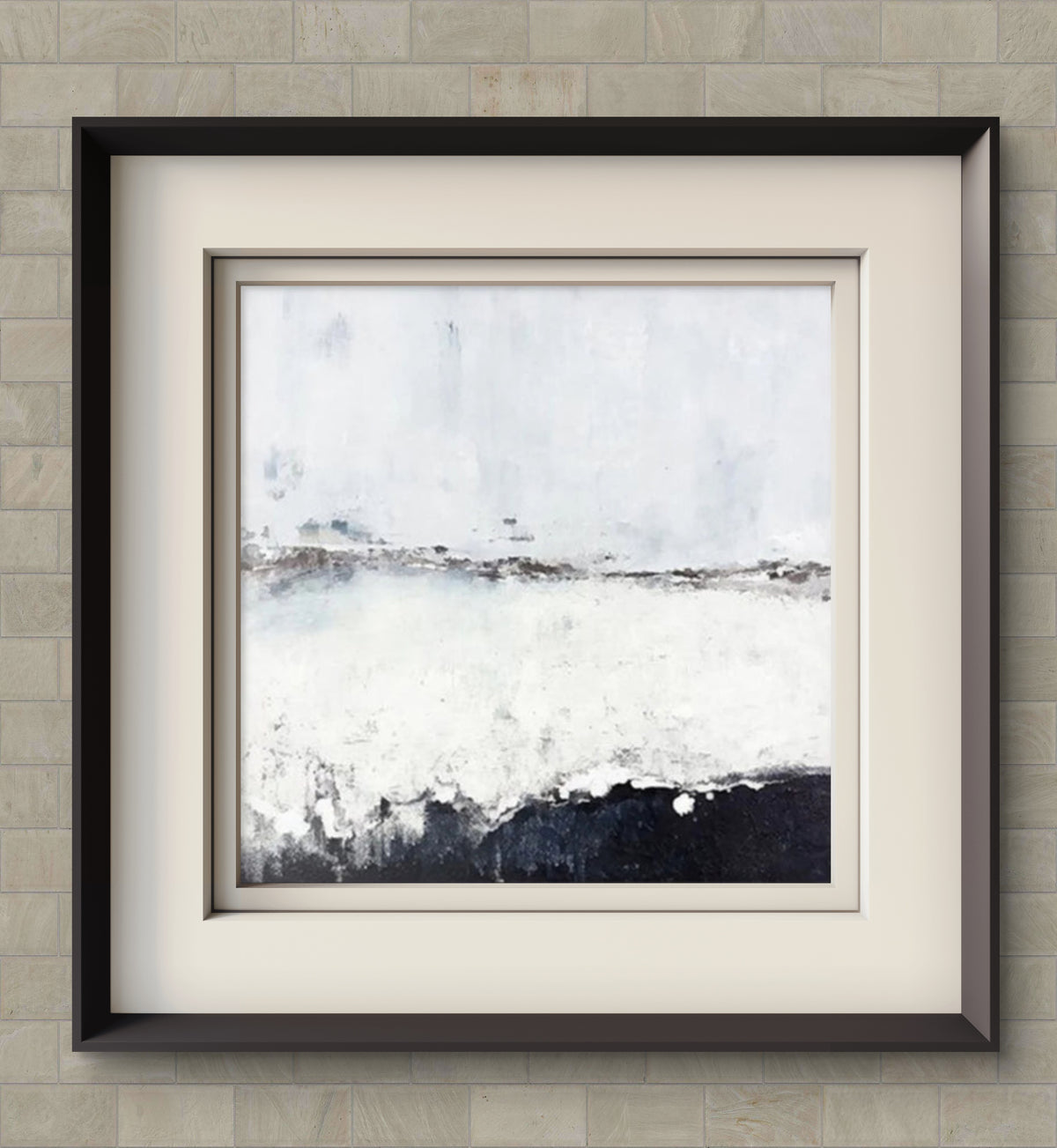 A pale white and grey field with a fine broken horizon and a rough dark charcoal band rising along the bottom.