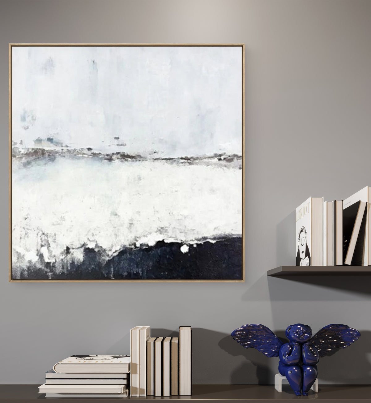 Room mockup. A pale white and grey field with a fine broken horizon and a rough dark charcoal band rising along the bottom.
