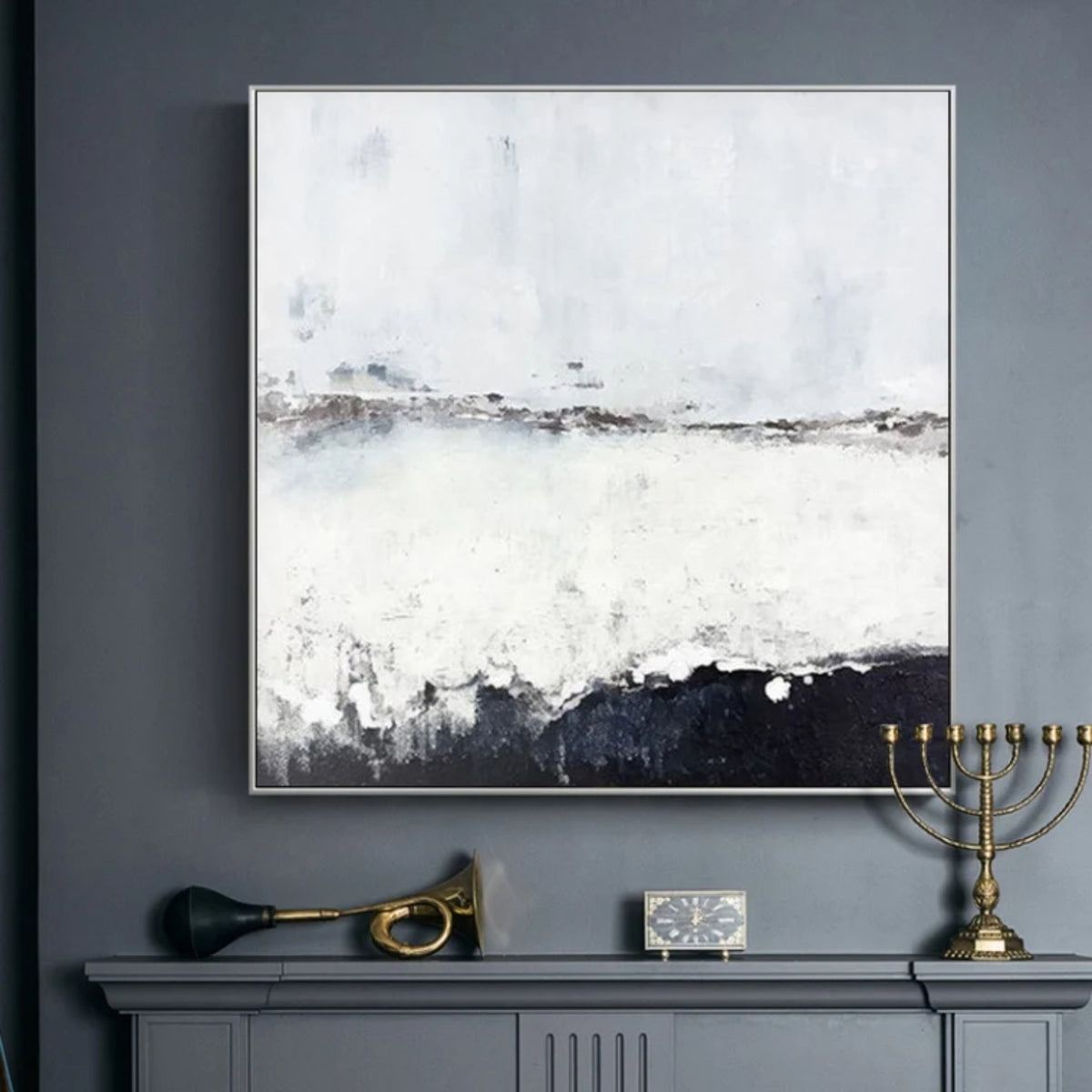 Room mockup. A pale white and grey field with a fine broken horizon and a rough dark charcoal band rising along the bottom.