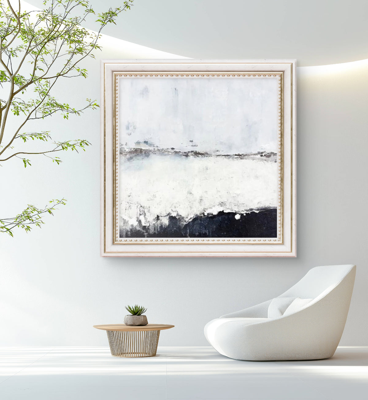Room mockup. A pale white and grey field with a fine broken horizon and a rough dark charcoal band rising along the bottom.