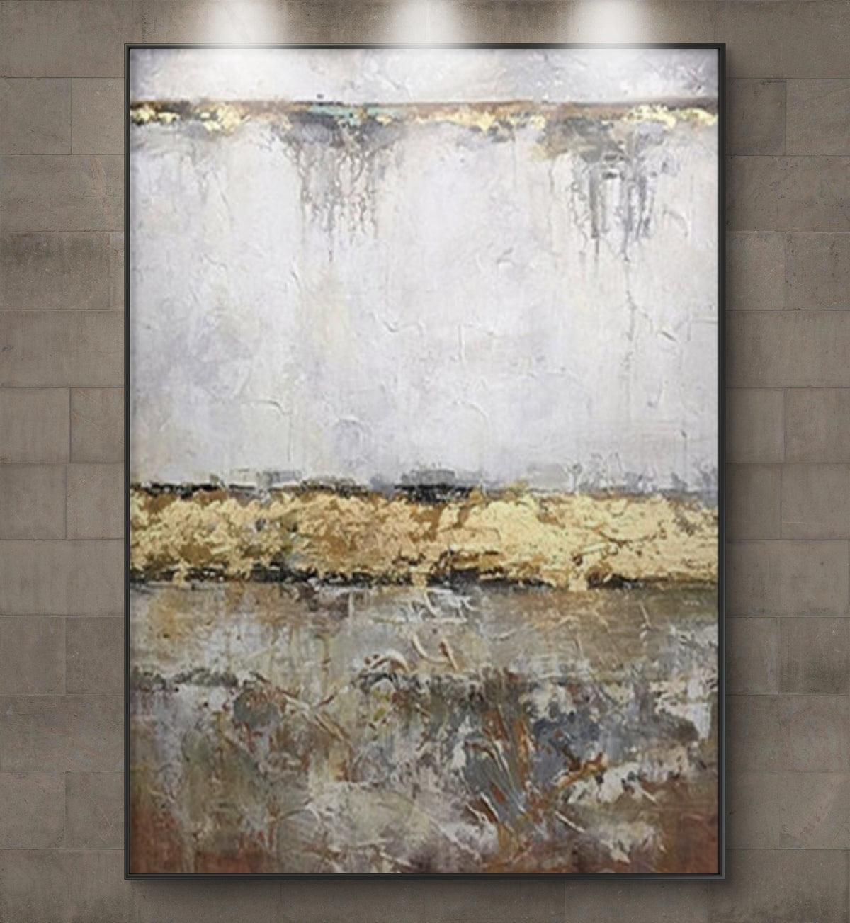 Room mockup. A broad gold-coloured ridge separates a pale white upper field from mottled grey and brown texture below.