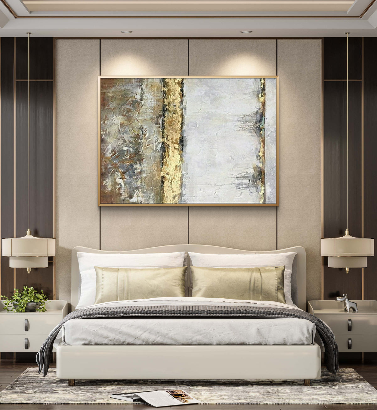 Room mockup. A broad gold-coloured vertical ridge separates pale white from mottled grey and brown textured fields.