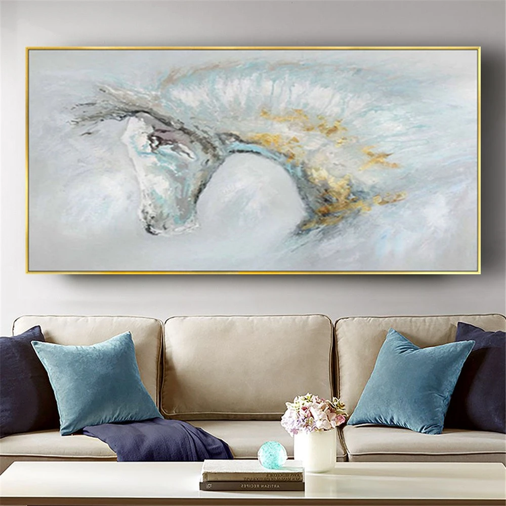 Room mockup showing pale grey and white horse head with flowing marks and gold-coloured accents against a soft grey background.