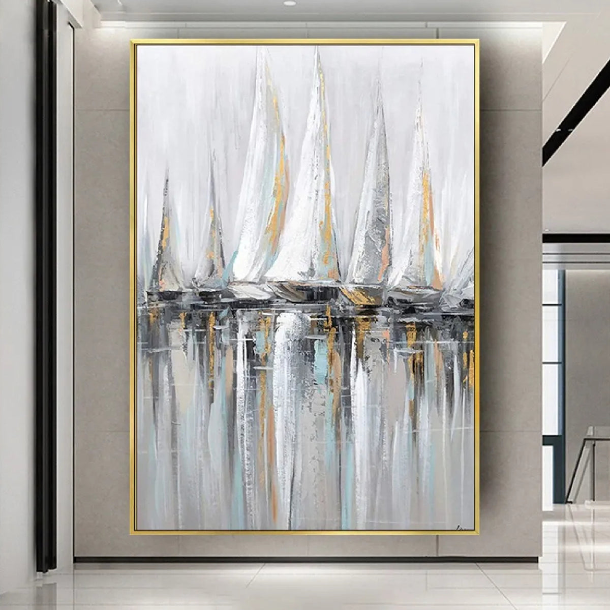 Room mockup. Tall white and grey sails with fine ochre accents above dark hulls and long grey-blue reflections.