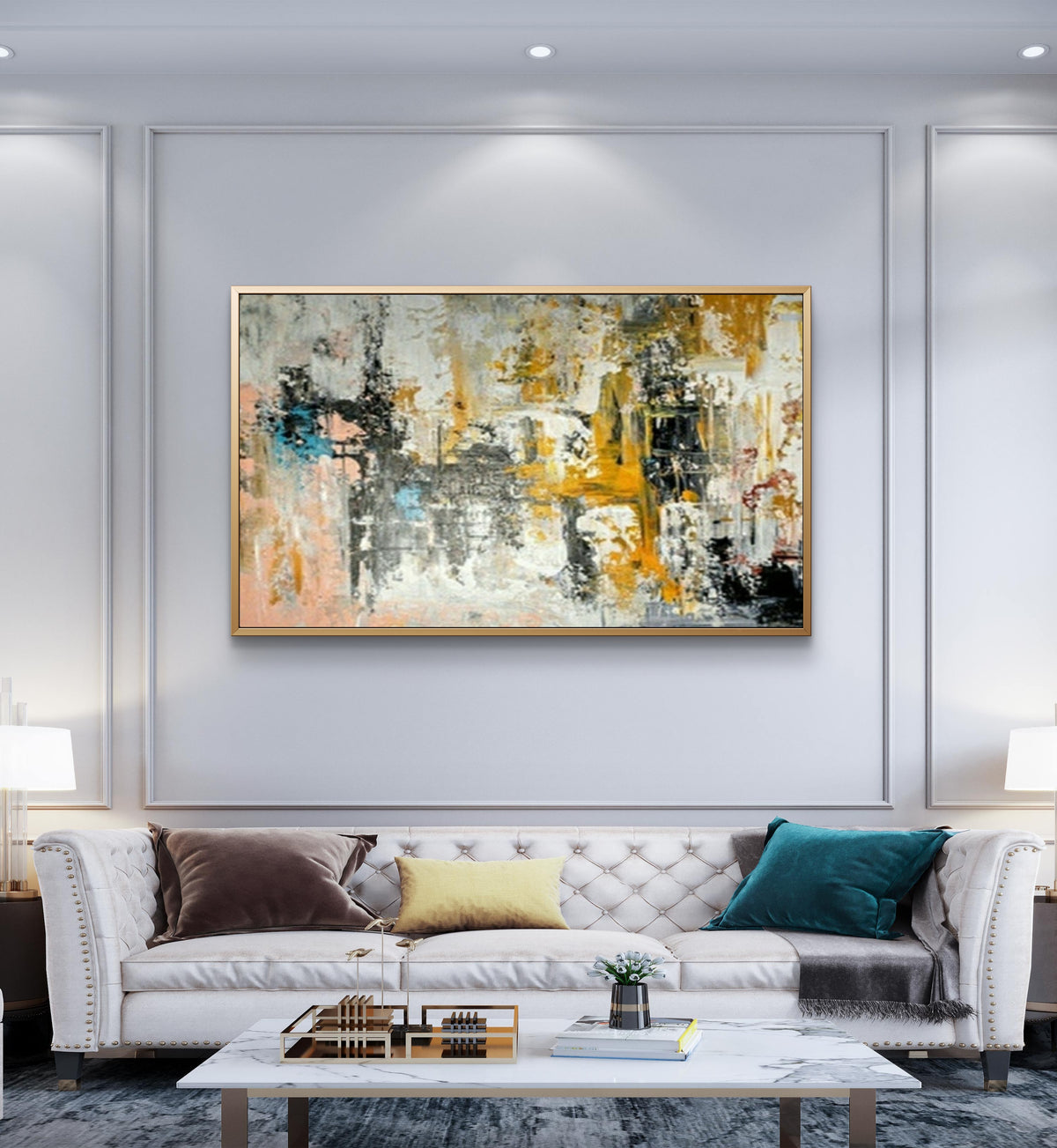Room mockup. Layered white and grey scraped strokes with yellow, ochre, black and small teal patches.