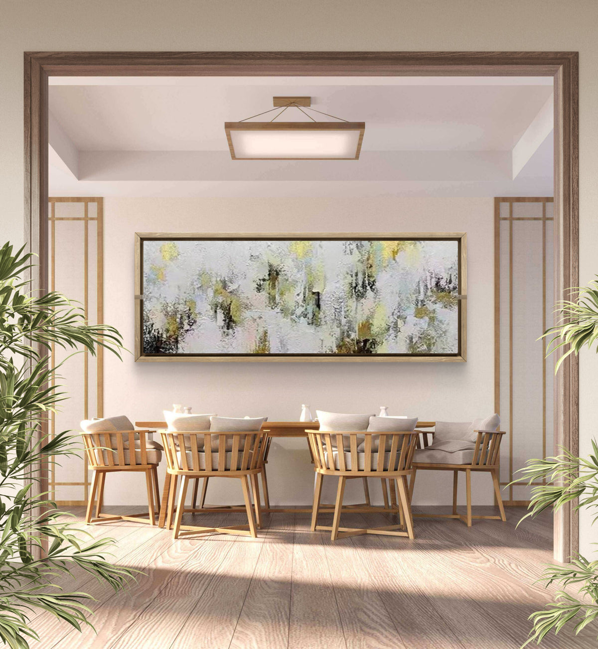 Room mockup. Dense white and pale grey textured dabs surround scattered black vertical marks and soft yellow patches.