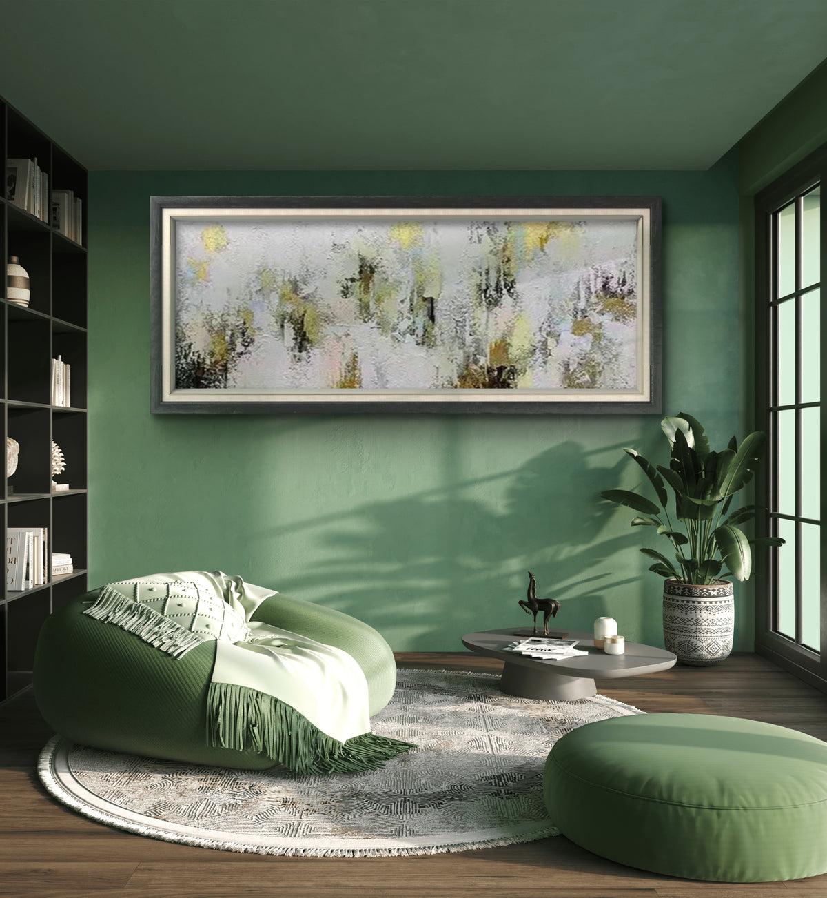 Room mockup. Dense white and pale grey textured dabs surround scattered black vertical marks and soft yellow patches.