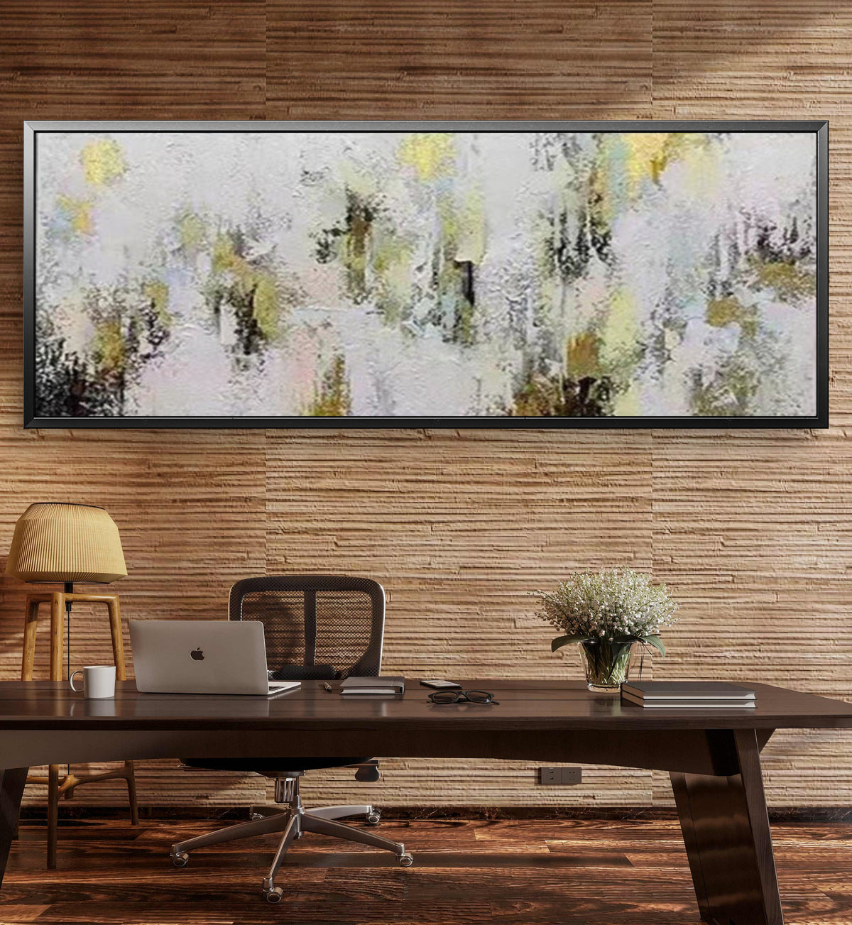 Room mockup. Dense white and pale grey textured dabs surround scattered black vertical marks and soft yellow patches.