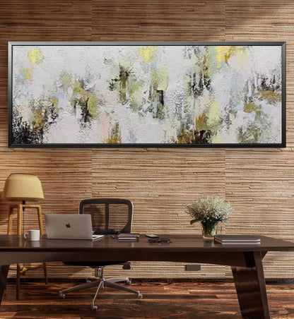 Room mockup. Dense white and pale grey textured dabs surround scattered black vertical marks and soft yellow patches.