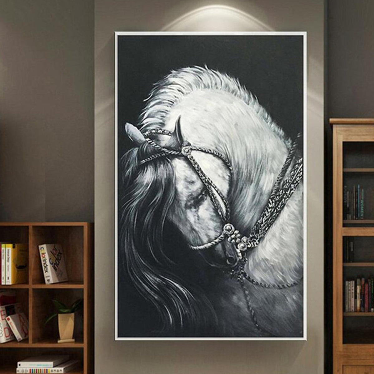 Room mockup. A white horse with a flowing pale mane and ornate dark bridle bows its head against charcoal grey.