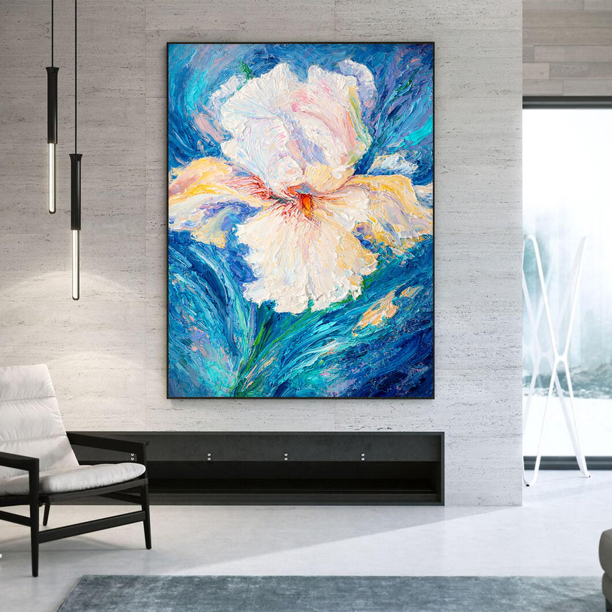 Colorful abstract flower painting on a wall in a modern living room.