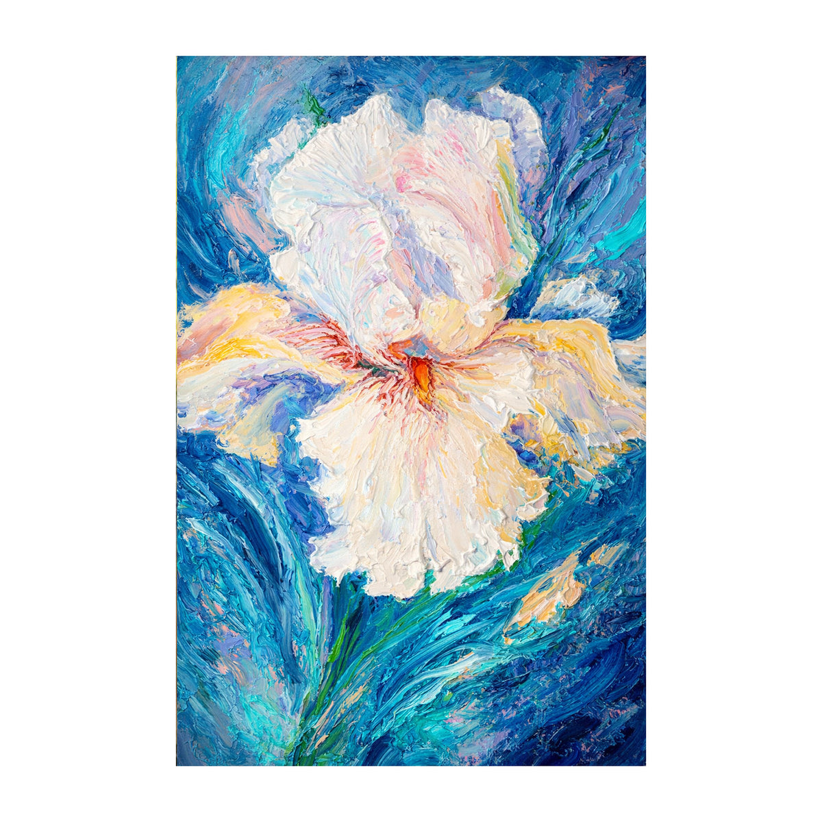Painting of a white flower with blue and green abstract background