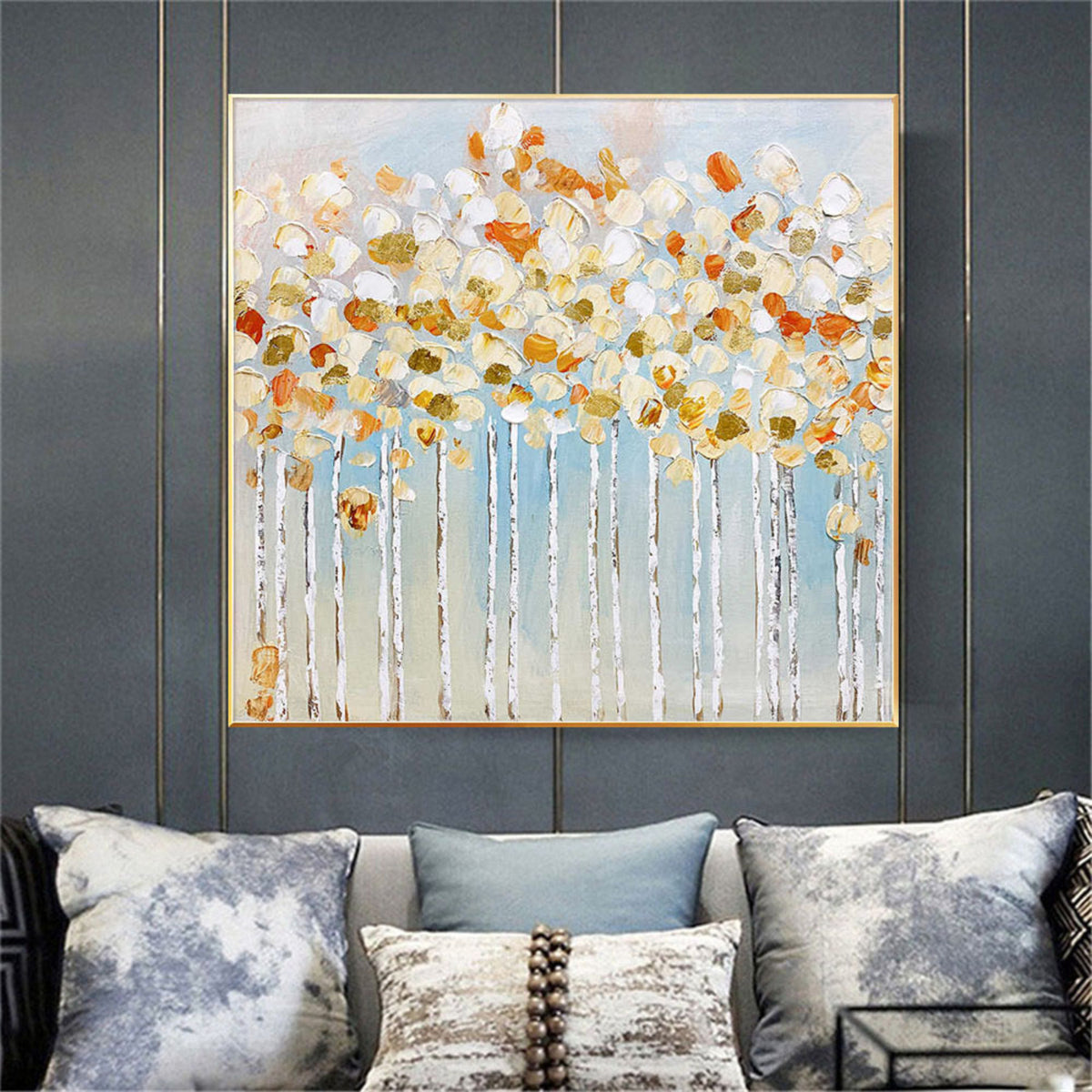 Room mockup. White and orange rounded blossom-like dabs crown fine pale trunks against a soft blue-grey background.