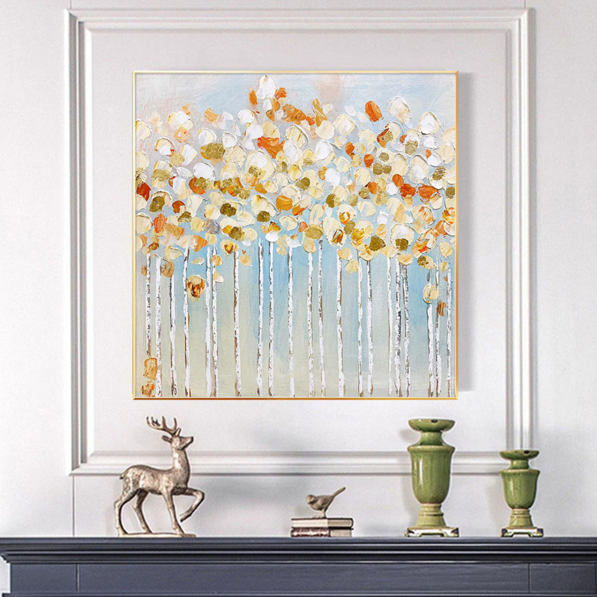 Room mockup. White and orange rounded blossom-like dabs crown fine pale trunks against a soft blue-grey background.