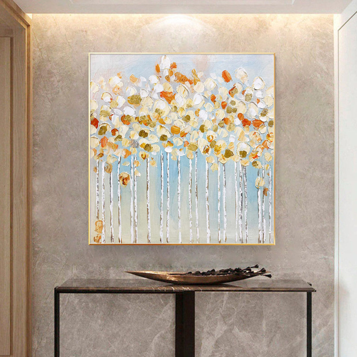 Room mockup. White and orange rounded blossom-like dabs crown fine pale trunks against a soft blue-grey background.