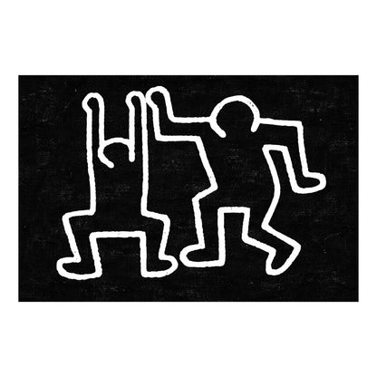 Two playful dancing figures drawn with continuous white outlines against a black background.