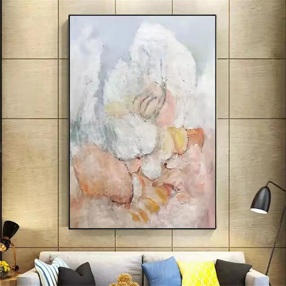 Room mockup showing pale abstract painting with rounded white forms, peach and pink areas, curved dark lines and yellow accents.