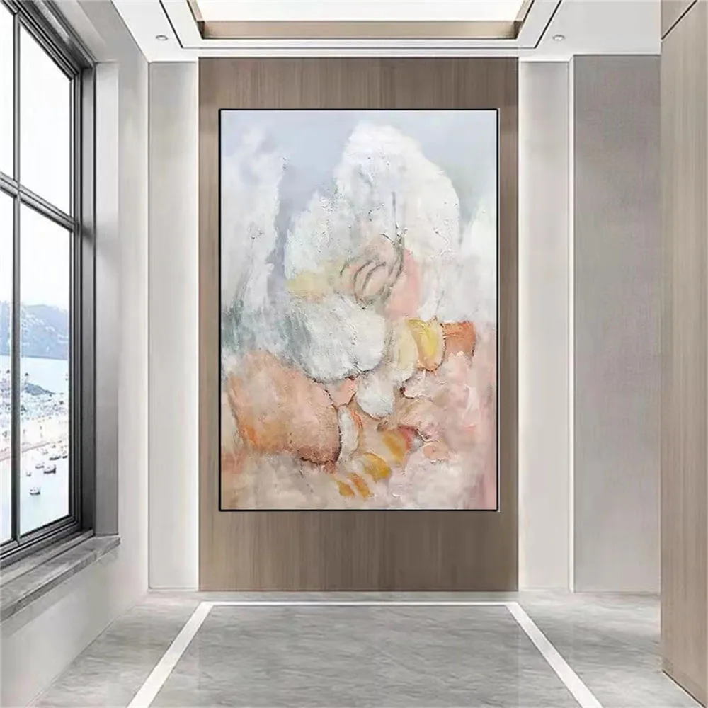 Room mockup showing pale abstract painting with rounded white forms, peach and pink areas, curved dark lines and yellow accents.