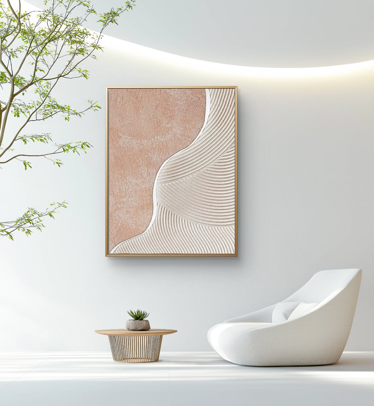 Room mockup. Fine raised white ridges curve across a soft peach and cream textured field in a flowing wave-like pattern.