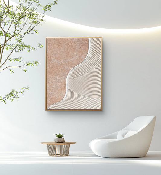 Room mockup. Fine raised white ridges curve across a soft peach and cream textured field in a flowing wave-like pattern.