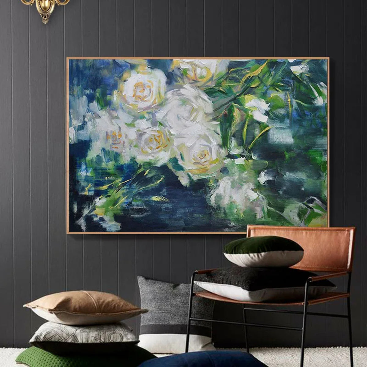 Room mockup. Loose white and pale yellow roses with green leaves against a deep blue and green background.