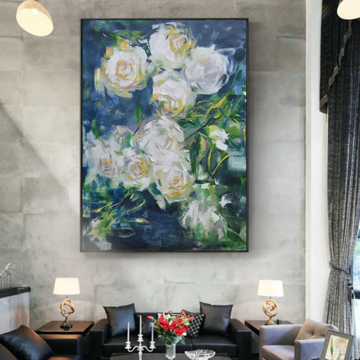 Room mockup. Loose white and pale yellow roses with green leaves against a deep blue and green background.