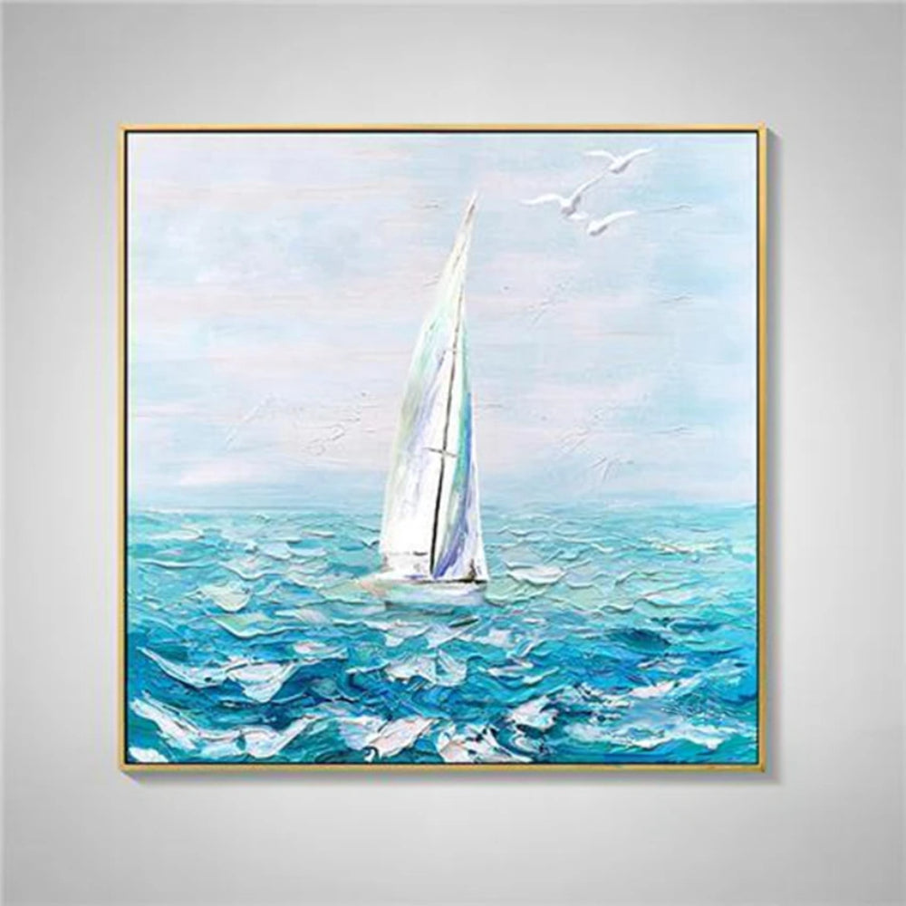 Tall white-sailed boat on textured turquoise waves beneath a pale blue sky with small white birds.