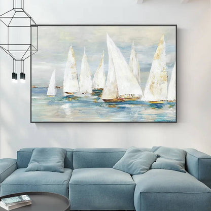 Room mockup. White-sailed boats with small ochre hulls across soft blue-grey water beneath a pale grey sky.