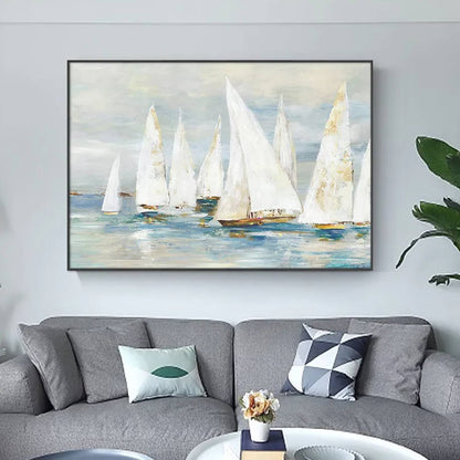 Room mockup. White-sailed boats with small ochre hulls across soft blue-grey water beneath a pale grey sky.