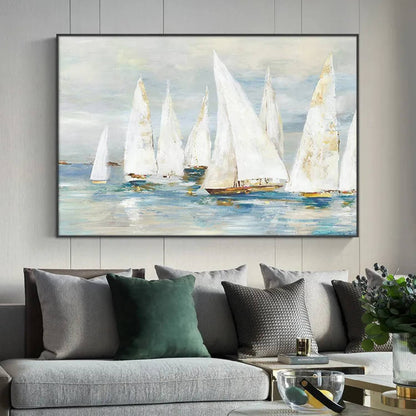Room mockup. White-sailed boats with small ochre hulls across soft blue-grey water beneath a pale grey sky.
