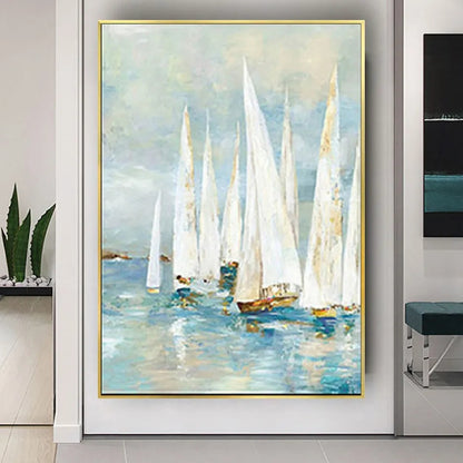 Room mockup. White-sailed boats with small ochre hulls on turquoise water beneath a pale blue and cream sky.
