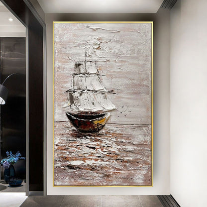Room mockup. A dark sailing ship with white sails and fine rigging reflected on brown and cream rippled water.