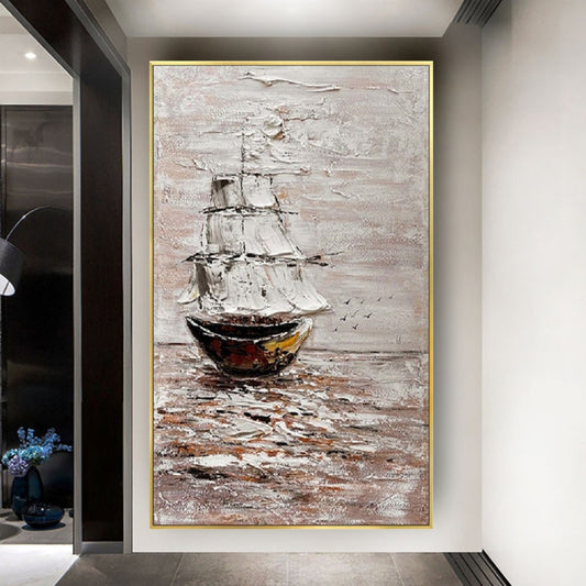 Room mockup. A dark sailing ship with white sails and fine rigging reflected on brown and cream rippled water.