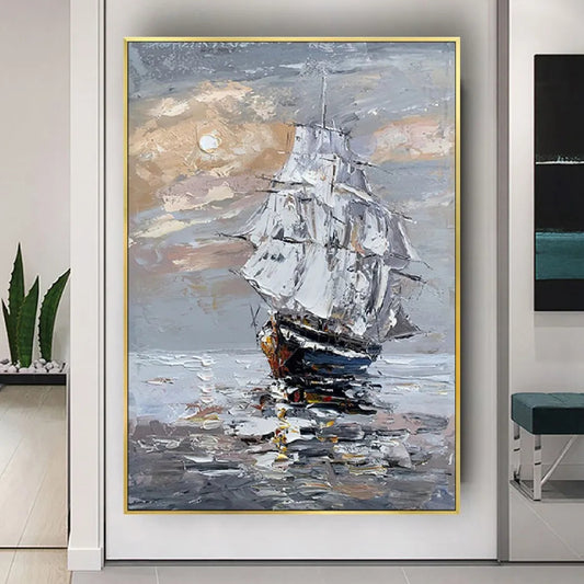 Room mockup. A dark-hulled ship with white sails and fine rigging on grey rippled water beneath a muted peach-grey sky.