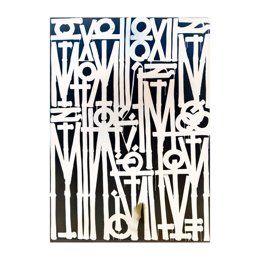 Rows of white geometric and letter-like symbols on a dark blue and black background.