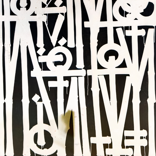 Close-up. Rows of white geometric and letter-like symbols on a dark blue and black background.