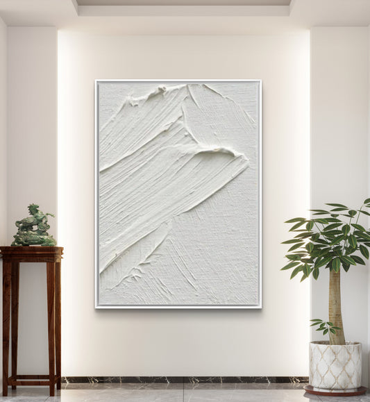 Room mockup showing white textured abstract with a broad raised diagonal sweep and long parallel grooves.